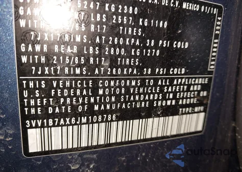 2018 Volkswagen Tiguan 2.0T S из США, поврежденный, VIN 3VV1B7AX6JM108786